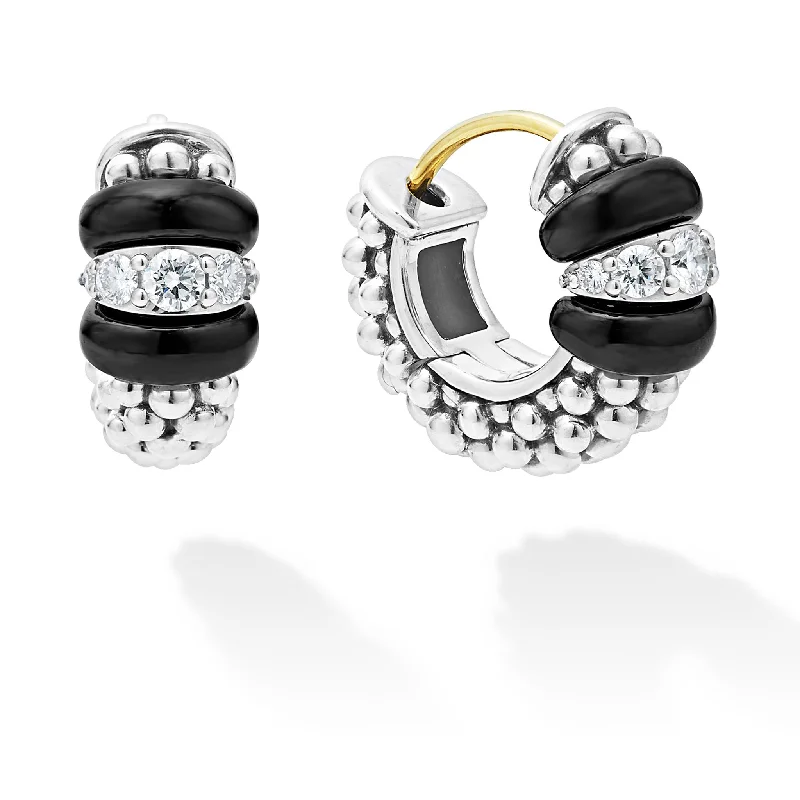 fashionable drop earrings -Black Caviar Black Ceramic and Diamond Huggie Earrings