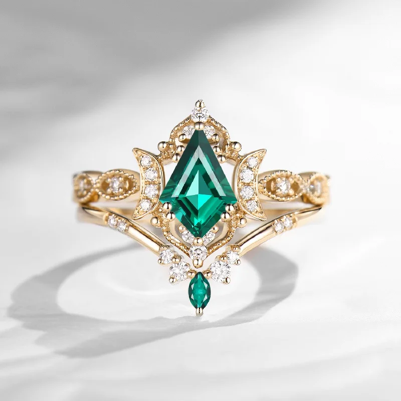 stylish engagement rings for women -Crescent Moon | Unique Kite Cut Lab Emerald Engagement Ring Set 2pcs - Luna