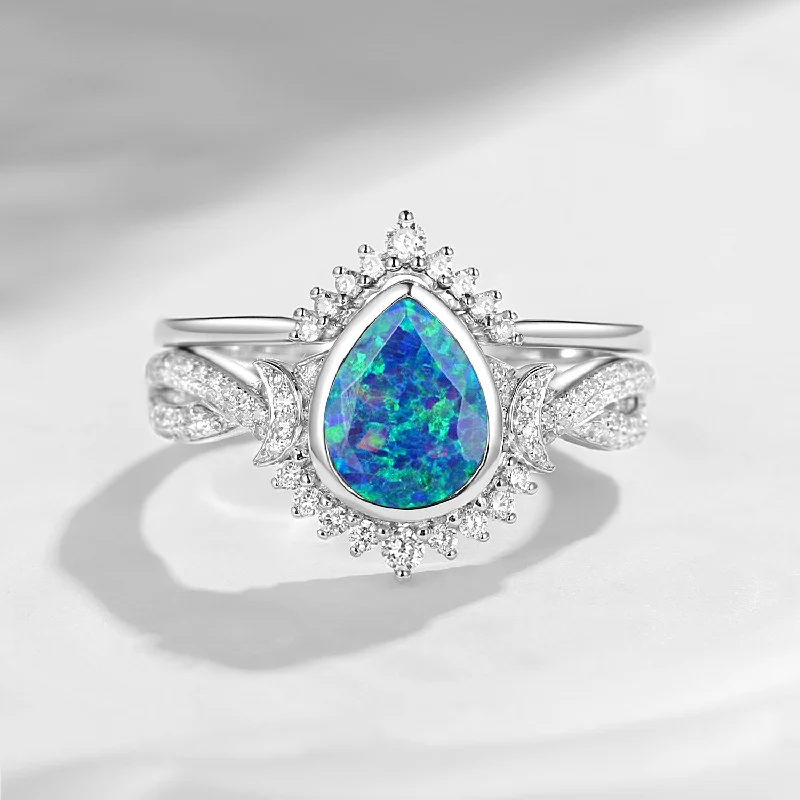 solitaire engagement rings for women -Crescent Moon | Unique Infinity Opal Engagement Ring Set 2PCS - Blue Moonlight