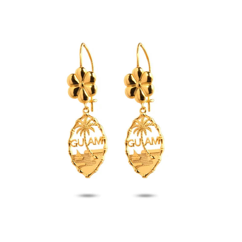 women’s custom-designed earrings -14K Yellow Gold Guam Seal Dangle Earring With Flower