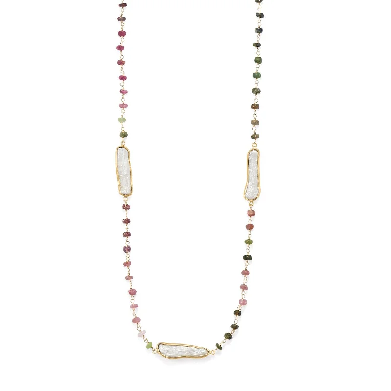 gemstone necklaces for women -24" 14 Karat Gold Plated Tourmaline and Cultured Freshwater Pearl Necklace