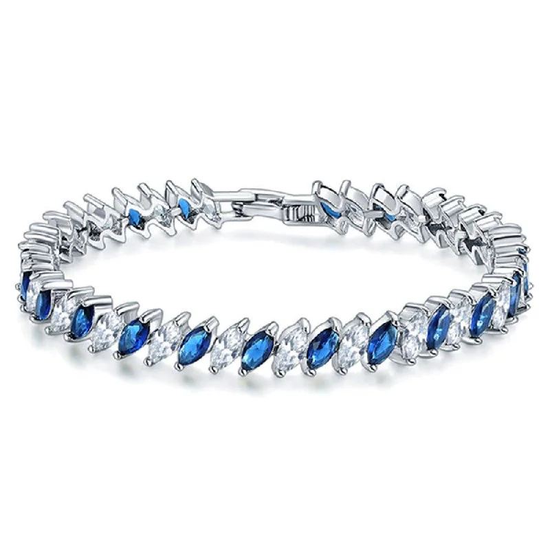 adjustable gold bracelets for women -Cubic Zirconia Tennis Bracelet with Marquise Cut Sapphire and Clear AAA+ Cubic Zirconia