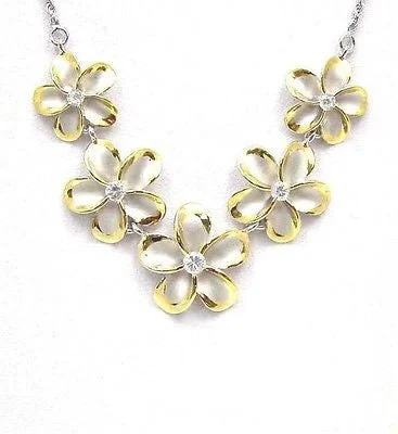 stylish necklaces for women -SILVER 925 5 HAWAIIAN PLUMERIA FLOWER NECKLACE RHODIUM YELLOW GOLD 2 TONE LARGE