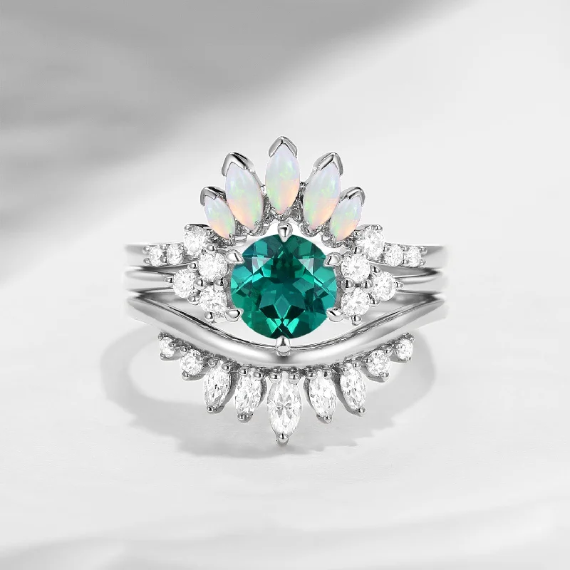 beautiful emerald engagement rings -In Stock | Bette‘s Eyes | Lab Emerald Engagement Ring Set 3pcs