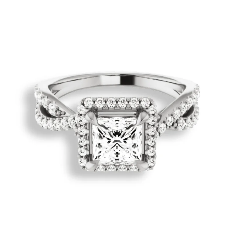 affordable diamond engagement rings -Princess Diamond Halo Engagement Ring With Open Twist Band