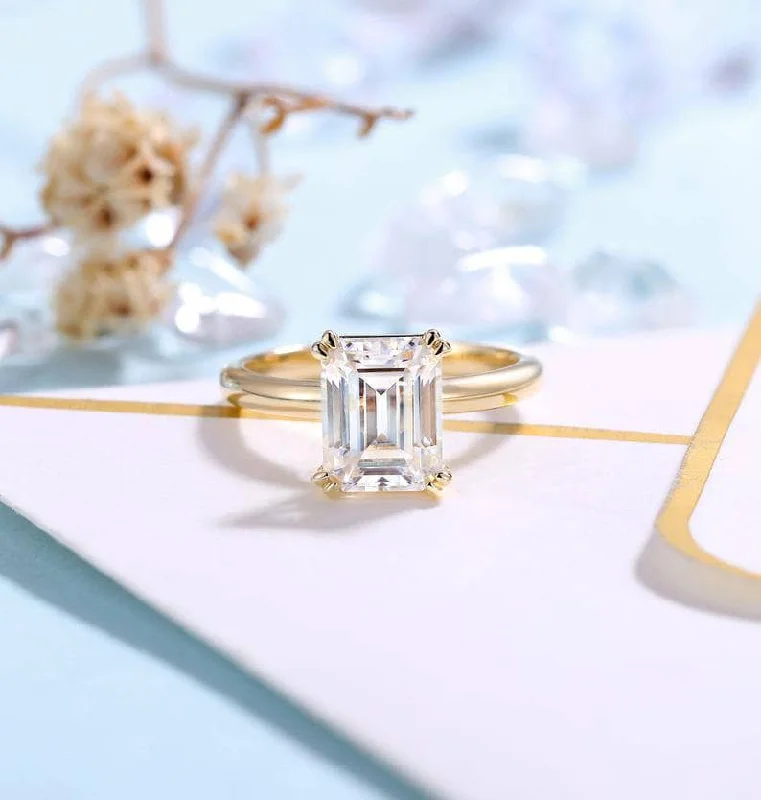 customized engagement rings -Solid 14K Yellow Gold 7*9mm Emerald Cut Diamond Solitaire Engagement Ring