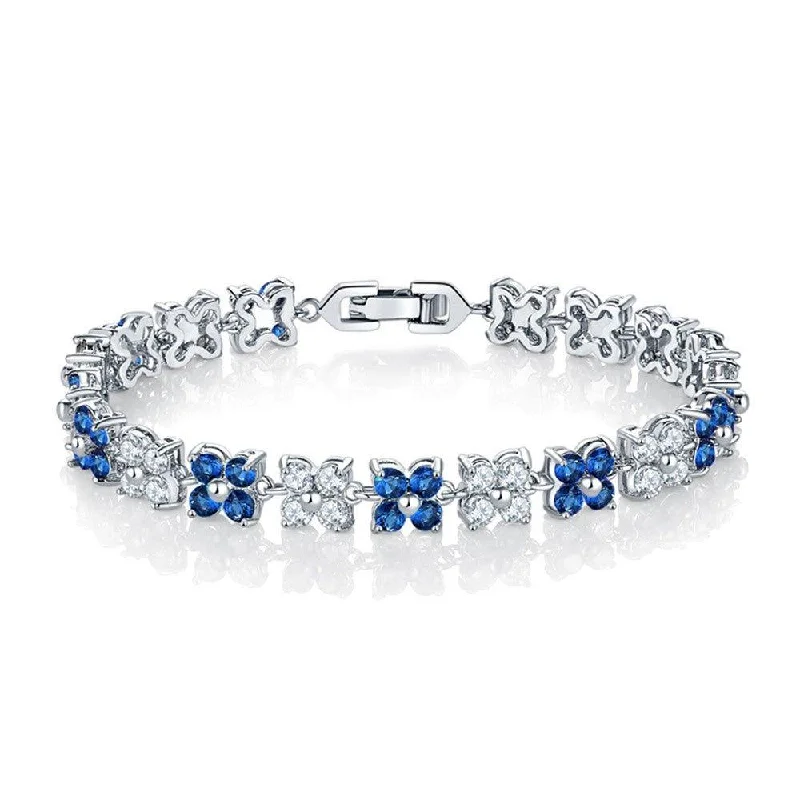 fashion forward bangles for women -Flower Cubic Zirconia Tennis Bracelet with Round Cut Sapphire Cubic Zirconia