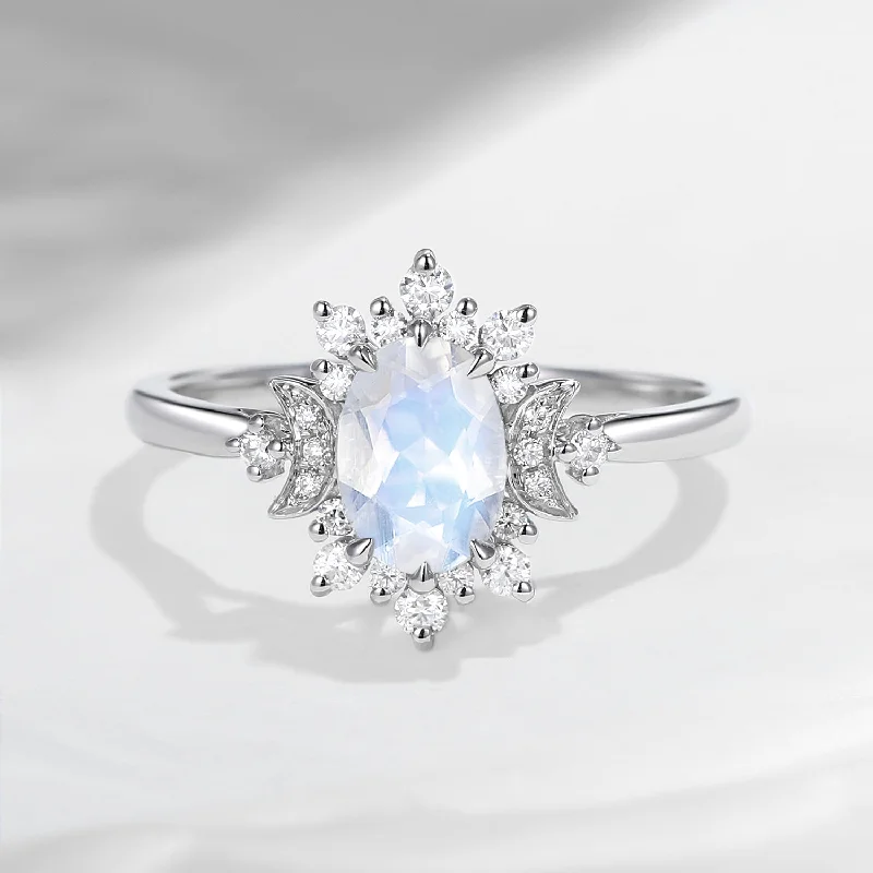 handcrafted engagement rings -Crescent Moon | Oval Snowflake Halo Moonstone Engagement Ring - Moonlight In Vermont