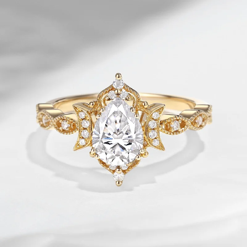 vintage-inspired engagement rings -Crescent Moon | Unique Pear Shaped Moissanite Engagement Ring