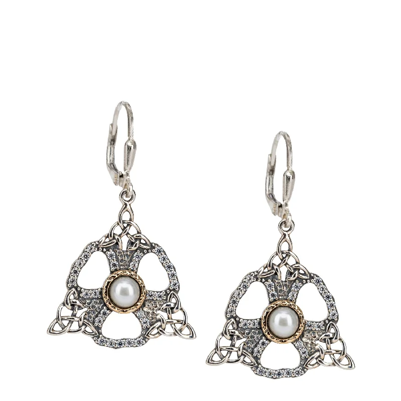 long earrings for women -Silver and 10k Gold Celestial Leverback Earrings - White Fresh Water Pearl