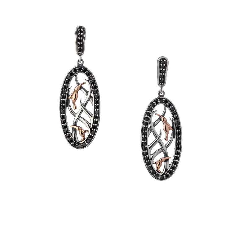 women’s diamond drop earrings -Silver and 10k Rose Gold Double Hummingbird Post Earrings -Black Cubic Zirconia