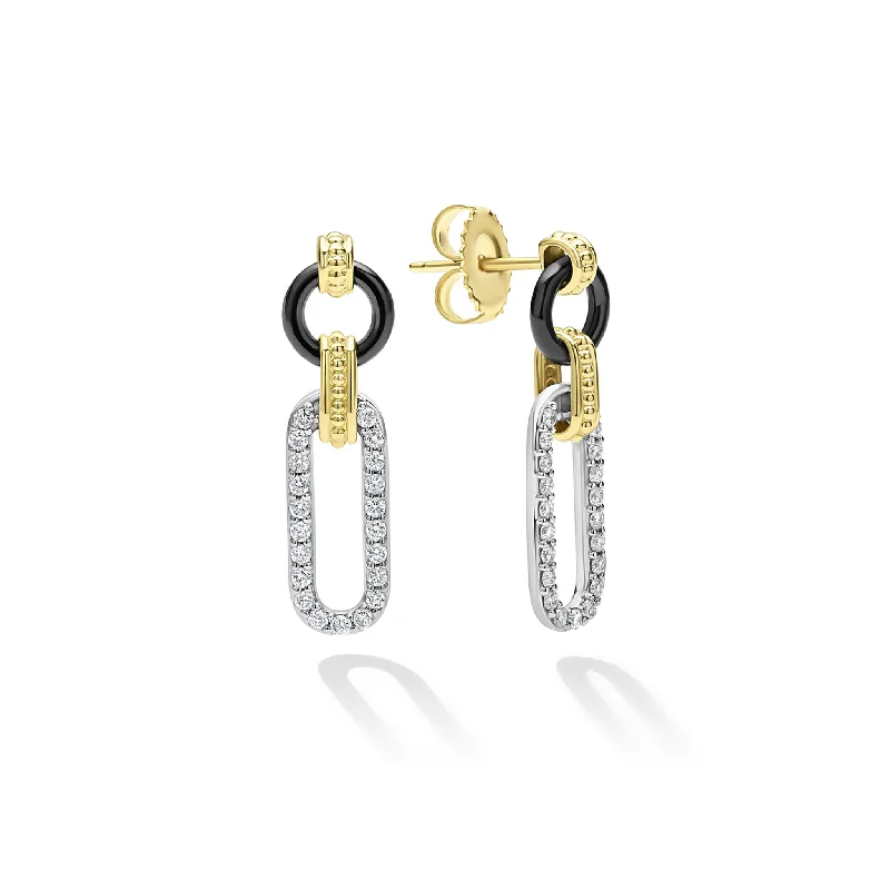 women’s birthstone earrings -Signature Caviar Small 18K Gold and Black Ceramic Diamond Link Drop Earrings