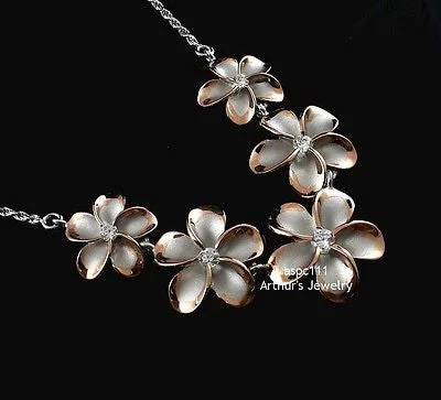 luxury necklaces for women -SILVER 925 5 HAWAIIAN PLUMERIA FLOWER NECKLACE RHODIUM PINK ROSE GOLD 2T LARGE