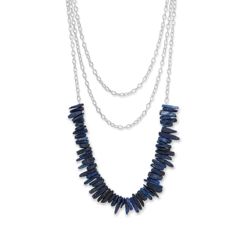 women’s necklaces -3 Strand Silver Tone Lapis Spike Necklace