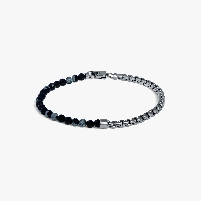 braided bangles for women -Sennit Beaded Box Chain Bracelet In Black Snowflake Obsidian