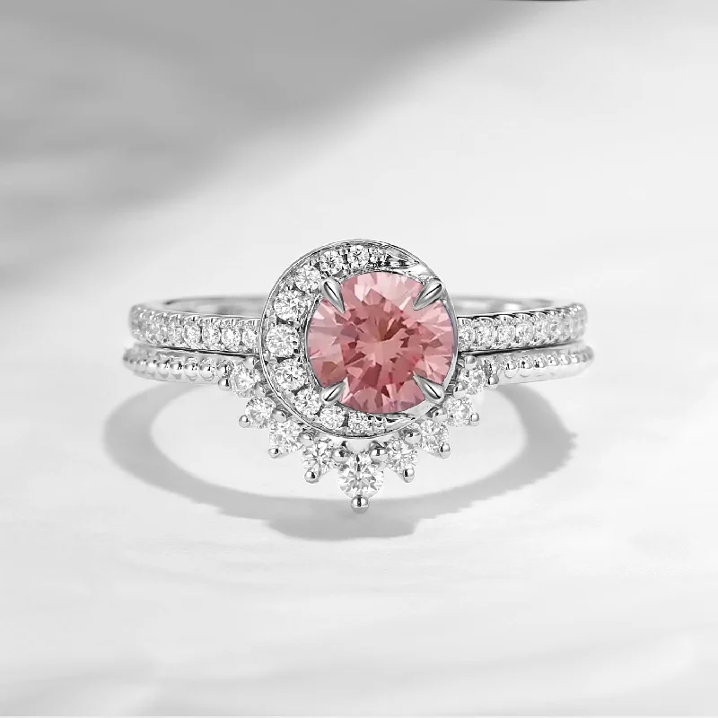 bridal set engagement rings -Crescent Moon | Unique Pink Lab Diamond Engagement Ring Set 2pcs - Full Moon