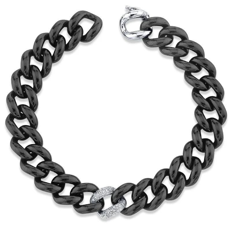 leather bangles for women -DIAMOND SINGLE PAVE & BLACK CERAMIC ESSENTIAL LINK BRACELET