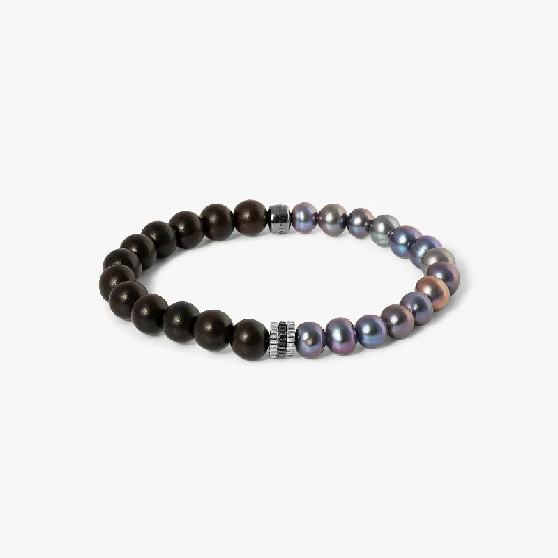 women’s gemstone bracelets -Gear Trio Bracelet In Black Ruthenium Plated Silver With Wood Beads & Black Pearls