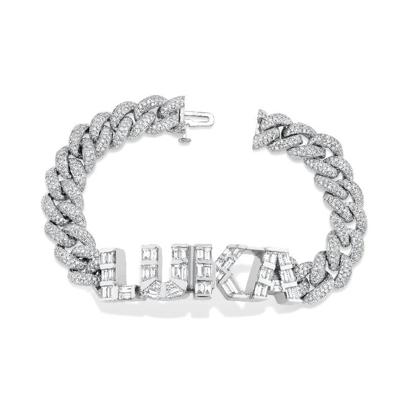 adjustable gold bracelets for women -DIAMOND BAGUETTE 4 LETTER NAME PAVE ESSENTIAL LINK BRACELET