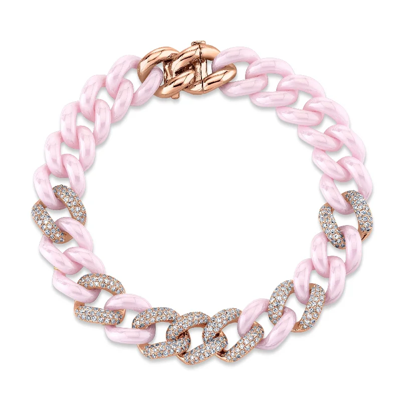 women’s bangles -DIAMOND 7 PAVE & PINK CERAMIC ESSENTIAL LINK BRACELET