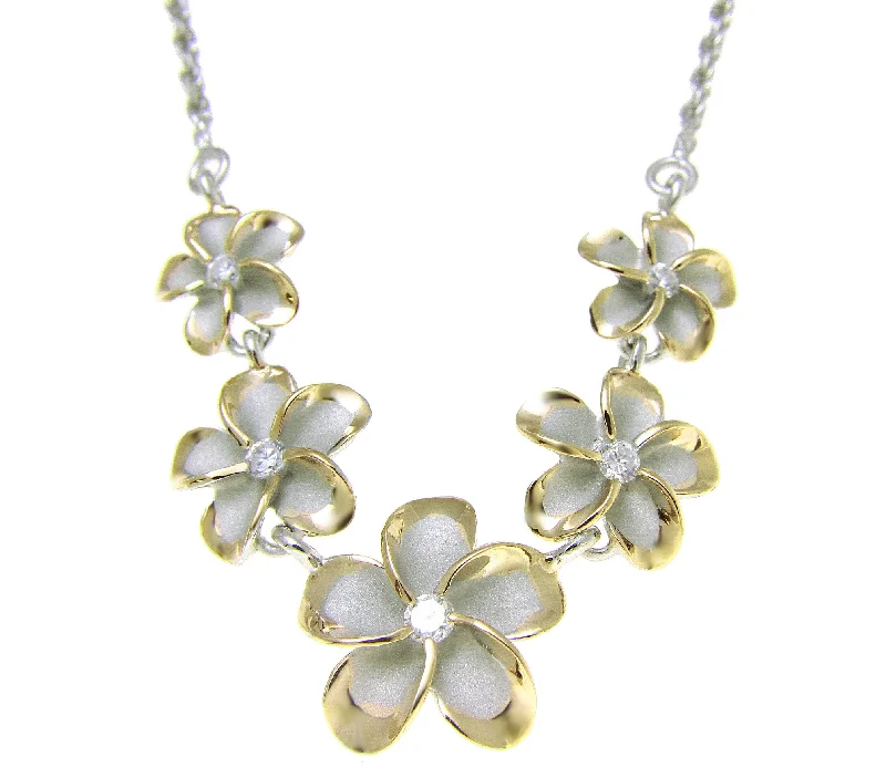 dainty necklaces for women -SILVER 925 5 HAWAIIAN PLUMERIA FLOWER NECKLACE RHODIUM YELLOW GOLD 2 TONE