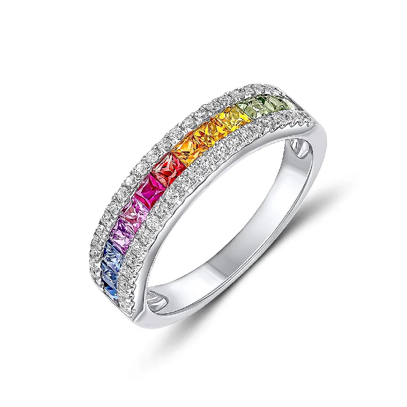 minimalist rings for women -18K White Gold Rainbow Sapphire & Diamond Eternity Ring