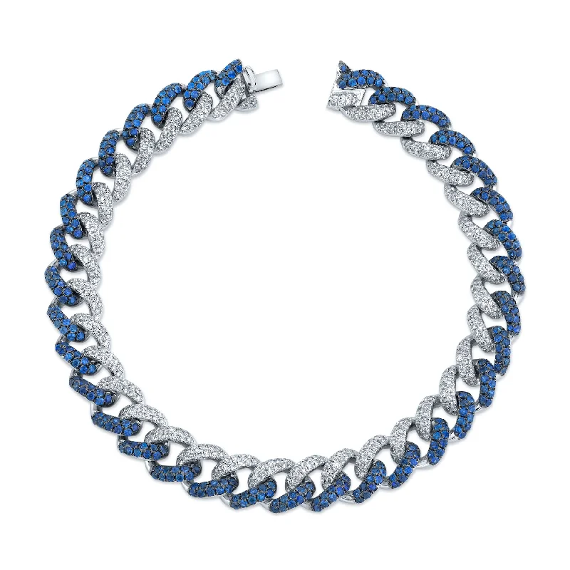 women’s sterling silver bangles -BLUE SAPPHIRE & DIAMOND TWO-TONE MEDIUM PAVE LINK BRACELET