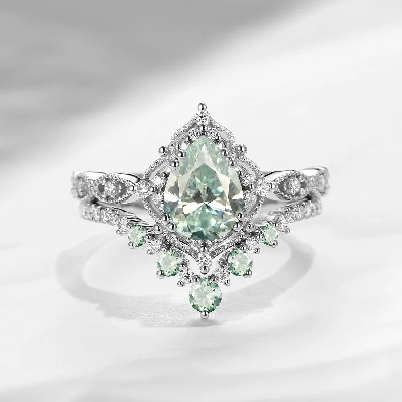 handcrafted engagement rings -Antique Pear Cut Mint Moissanite Engagement Ring 2pcs