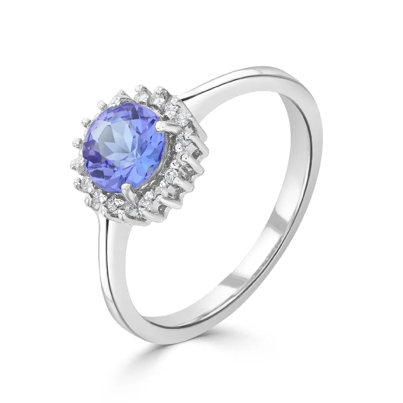 bridal engagement rings for women -9K White Gold Tanzanite & Diamond Halo Ring