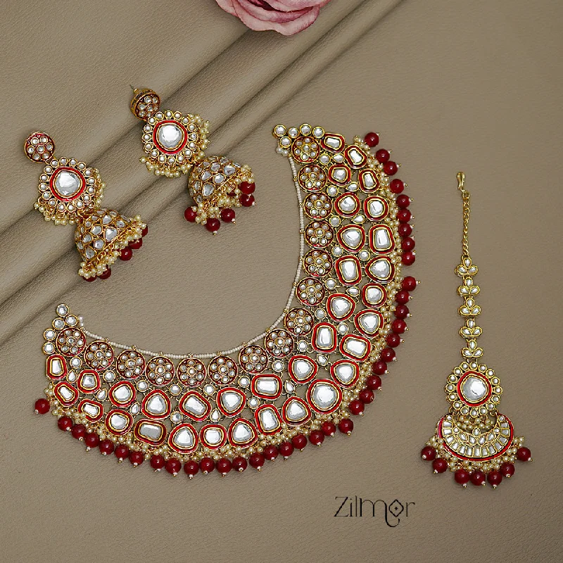 wedding day necklaces for women -FS1011258 - Bridal Polki Kundan Necklace Earrings with Maangtikka