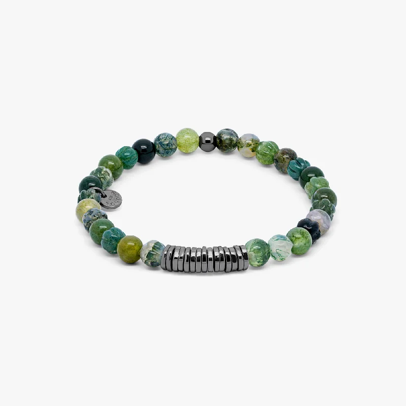 women’s luxury bangle sets -Classic Discs bracelet In Black Rhodium Plated Silver with moss agate