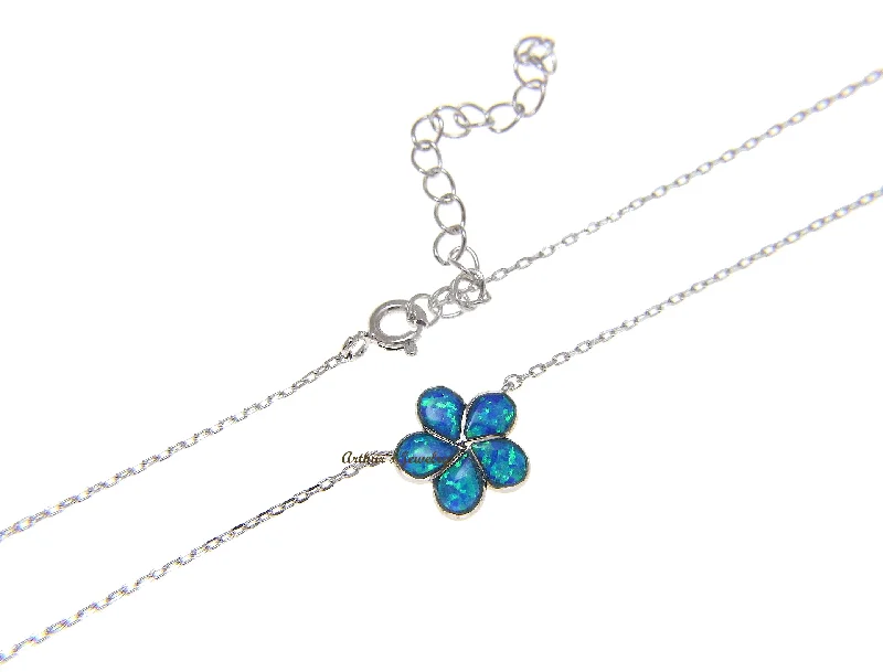 luxury fashion necklaces for women -925 Silver Hawaiian Plumeria Flower Blue Opal Necklace Chain Included 18"+2"