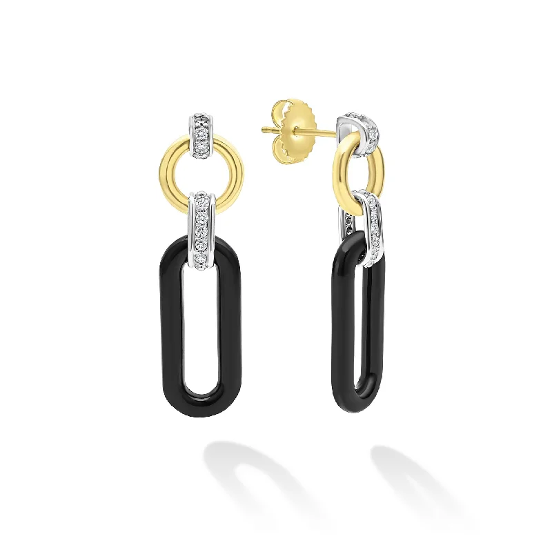 artistic earrings for women -Signature Caviar 18K Gold and Black Ceramic Diamond Link Drop Earrings