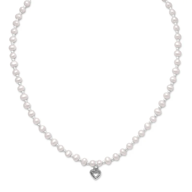 sterling silver necklaces for women -13"+2" Extension Cultured Freshwater Pearl/Silver Bead Necklace with Oxidized Heart