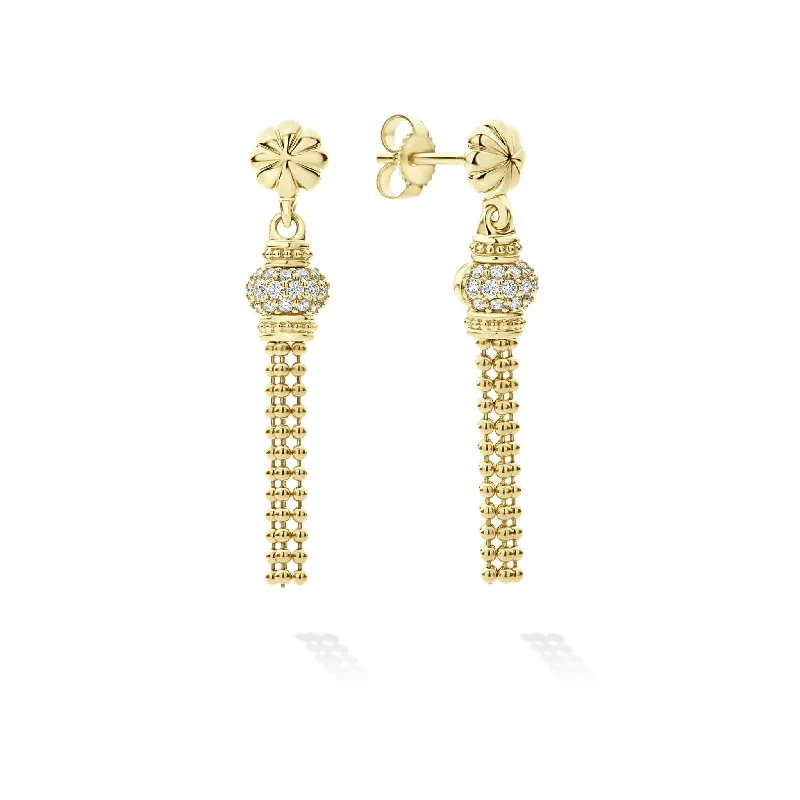 bohemian earrings for women -Caviar Gold 18K Gold Caviar Tassel Diamond Earrings