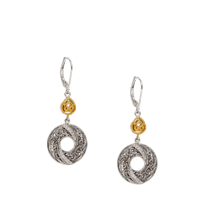 custom earrings for women -Silver and 10k Gold Whirlpool Leverback Round Earrings - Cubic Zirconia