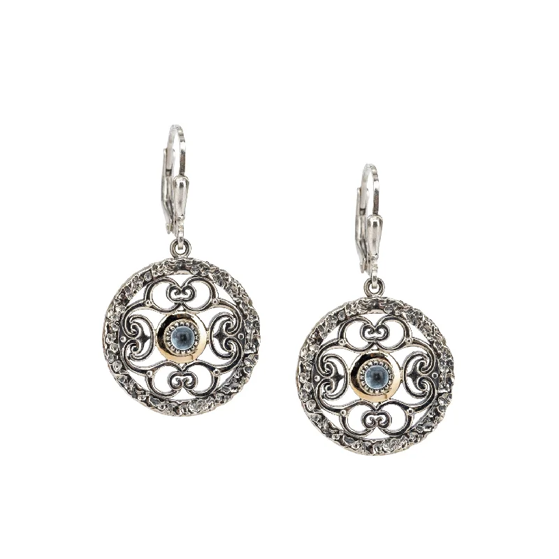 colorful earrings for women -Silver and 10k Gold Whirlpool Leverback Filigree Earrings - Sky Blue Topaz