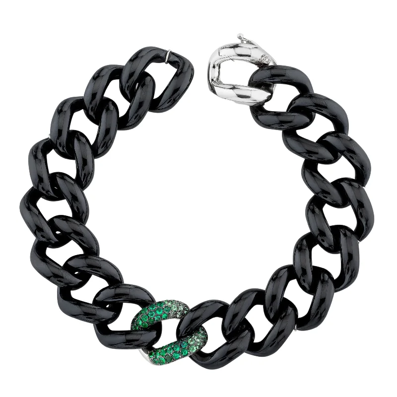 elegant gold bracelets for women -GREEN GARNET SINGLE PAVE OMBRE BLACK CERAMIC JUMBO LINK BRACELET