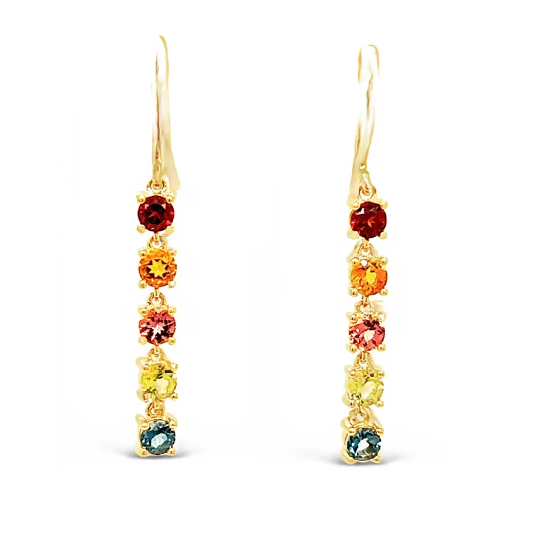 hoop earrings for women -Rainbow Gemstones Round Long Drop Earrings