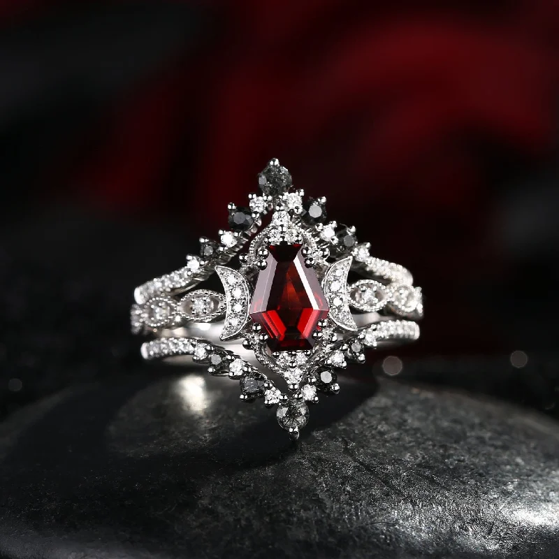 silver diamond engagement rings -Crescent Moon | Coffin Garnet Engagement Ring 3pcs 18k - Till Death Do Us Apart