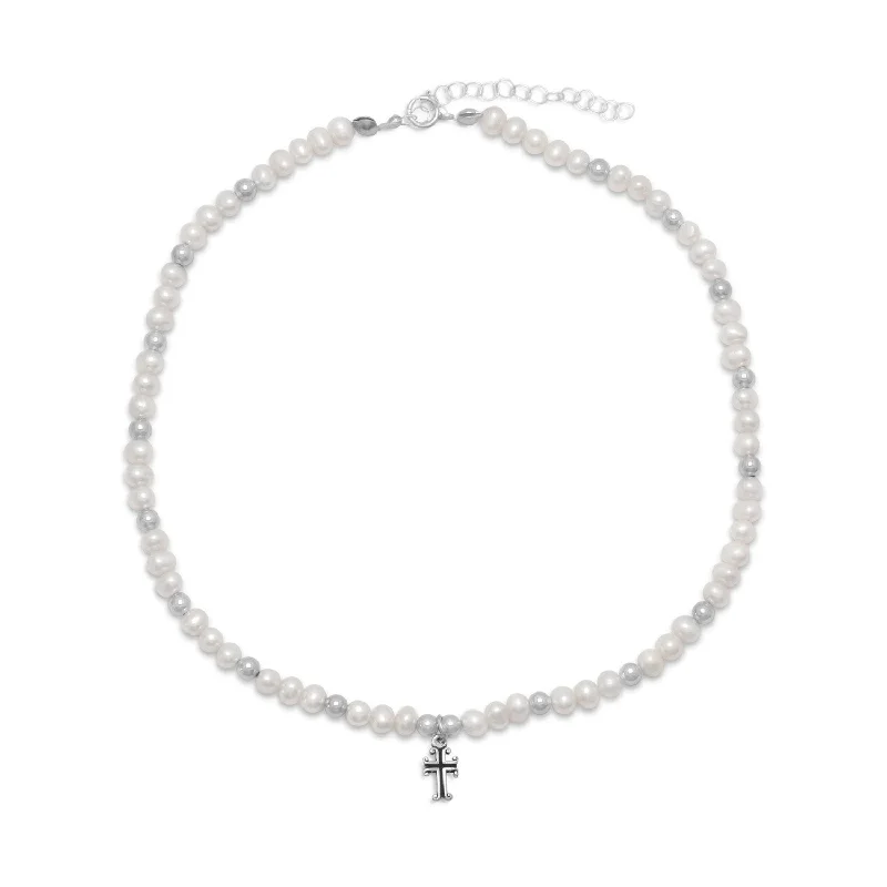 sapphire necklaces for women -13" +2" Extension White Cultured Freshwater Pearl and Silver Bead Necklace with Cross Drop