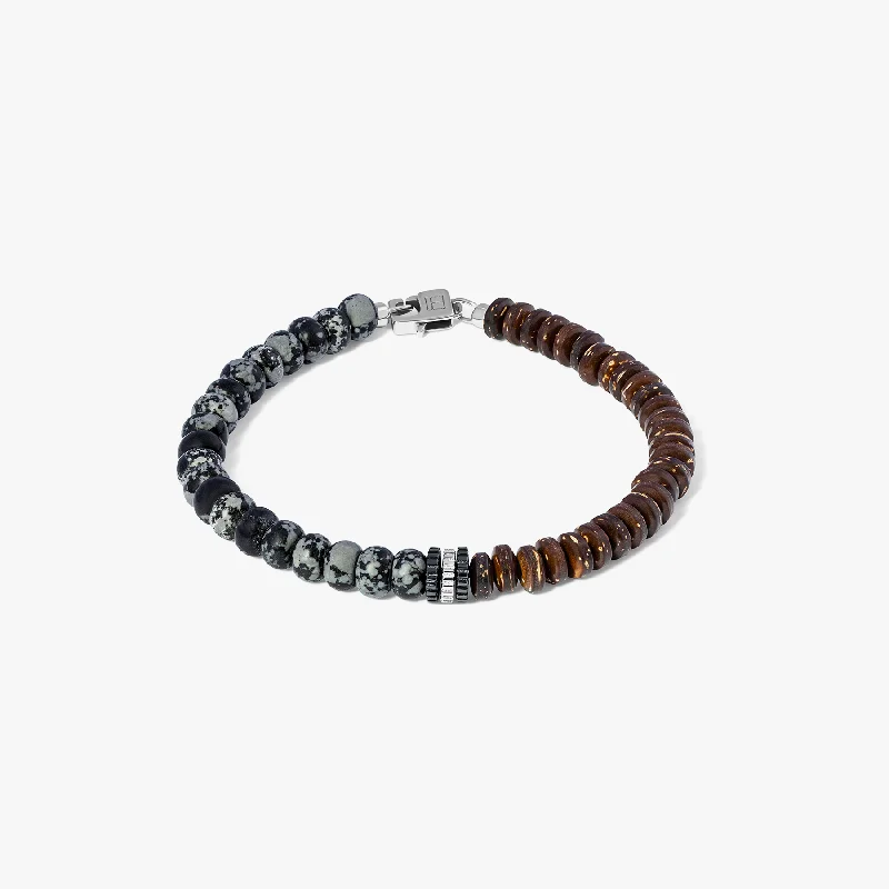 crystal bangles for women -Nepal Gear Trio Beaded Bracelet In Rhodium Plated Silver With Snowflake Obsidian & Coconut Wood 