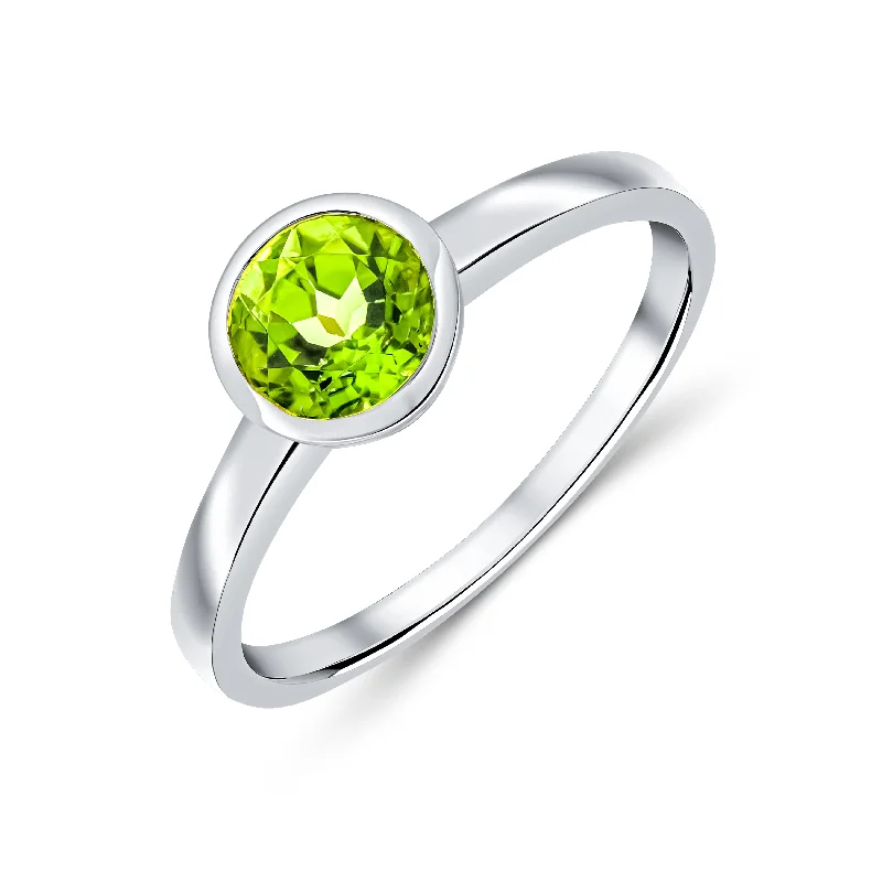 gold band rings for women -9K White Gold Round Peridot Solitaire Ring