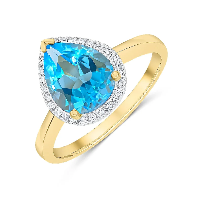 dainty rings for women -9K Yellow Gold Pear Blue Topaz & Diamond Halo Ring