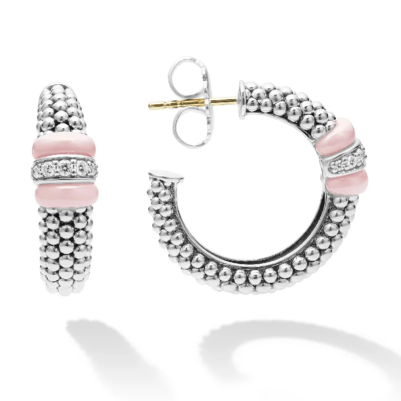 sparkling earrings for women -Pink Caviar Pink Ceramic Caviar Diamond Hoop Earrings