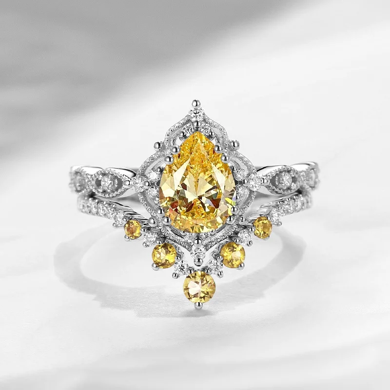 solitaire engagement rings for women -Antique Pear Cut Yellow Lab Diamond Engagement Ring 2pcs