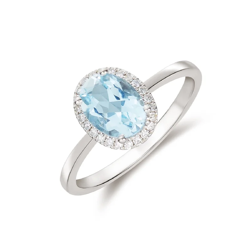 sparkling rings for women -9K White Gold Oval Aquamarine & Diamond Halo Ring