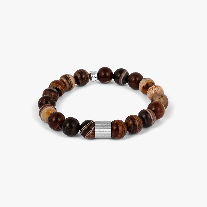 luxury tennis bracelets for women -Maxi Pop Beaded Bracelet in Rhodium Silver with Brown Striped Agate