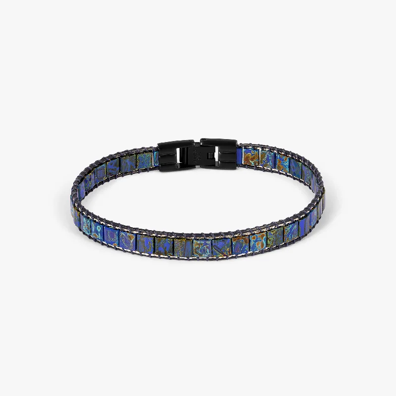 women’s designer bangles -Mosaic Bracelet In IP Black Plating With Blue Glass Beads