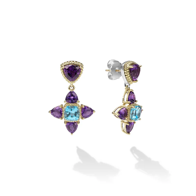 classic pearl earrings for women -Caviar Color Two-Tone Amethyst and Swiss Blue Topaz Floral Drop Earrings